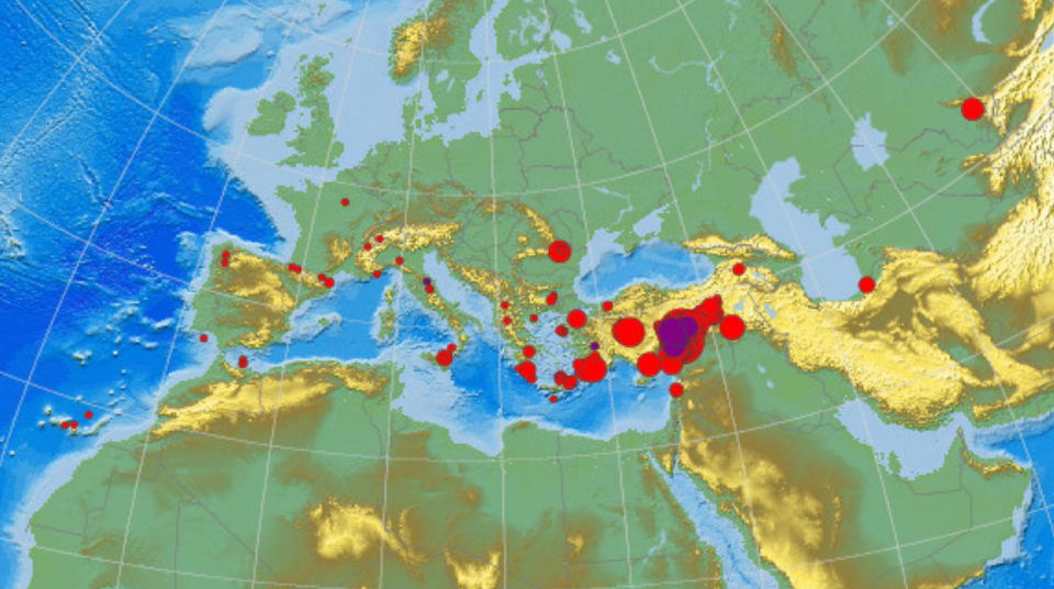 Terremotos registrados el 6 de febrero de 2023. <a href="https://www.emsc-csem.org/#2earthquake%20turkey" rel="nofollow noopener" target="_blank" data-ylk="slk:CSEM;elm:context_link;itc:0;sec:content-canvas" class="link ">CSEM</a>