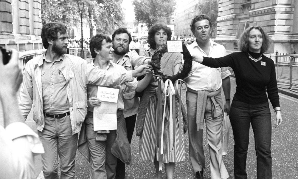 Jeremy Corbyn, left, on Downing Street in 1984, with (left to right) Jim King, miner Malcolm Pitt, MEPs Christine Crawley and Richard Balfe and Young Liberal chair Janice Turner, organisers of a British Out of Ireland march. They are carrying a black wreath in memory of Sean Downes, killed by the RUC in Belfast the previous week.