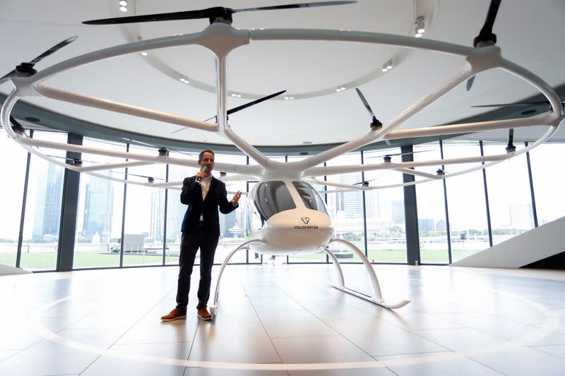 Florian Reuter, CEO of German startup Volocopter, speaks to the media in Singapore