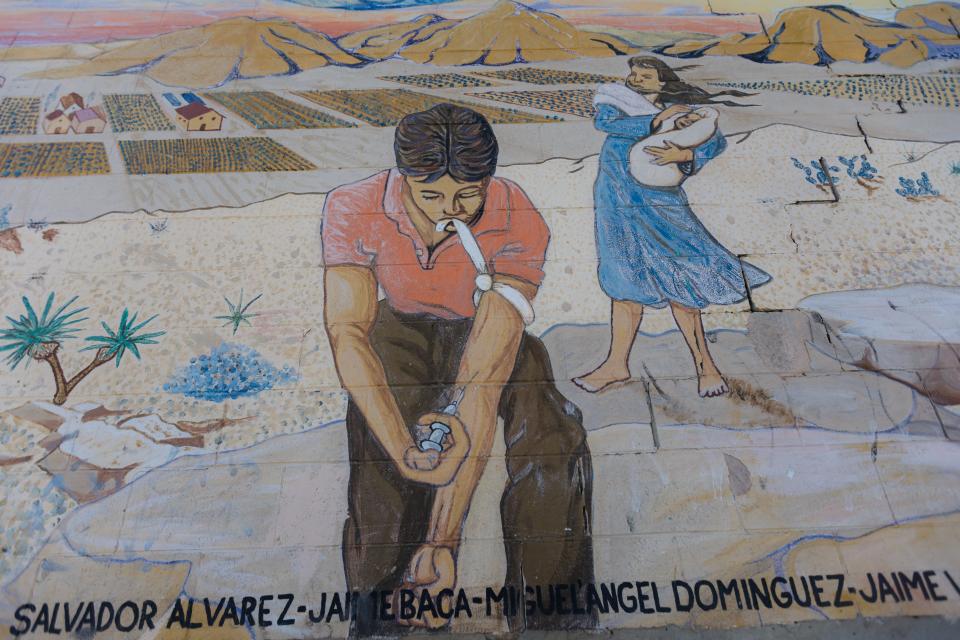 Carlos Callejo painted "Aids" with students from the Upper Rio Grande Private Industry Council (PIC) Summer Youth Employment Program and the Chicano AIDS in 1988. The mural is located at 801 E. 7th Ave. in El Paso, Texas.