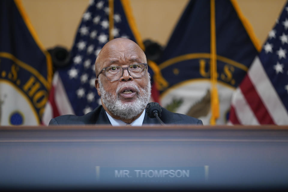 Chairman Bennie Thompson, D-Miss., speaks as the House select committee investigating the Jan. 6 attack on the U.S. Capitol holds its first public hearing to reveal the findings of a year-long investigation, on Capitol Hill, Thursday, June 9, 2022, in Washington. (AP Photo/Andrew Harnik)