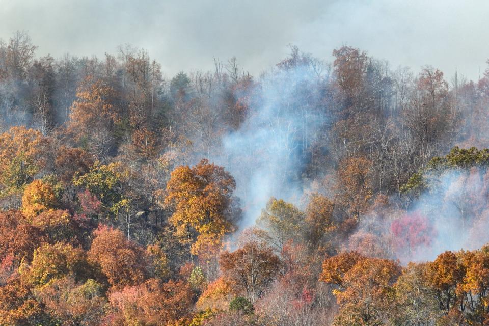 Aerial view of the fire in Rocky Top, TN on Monday, November 6, 2023.