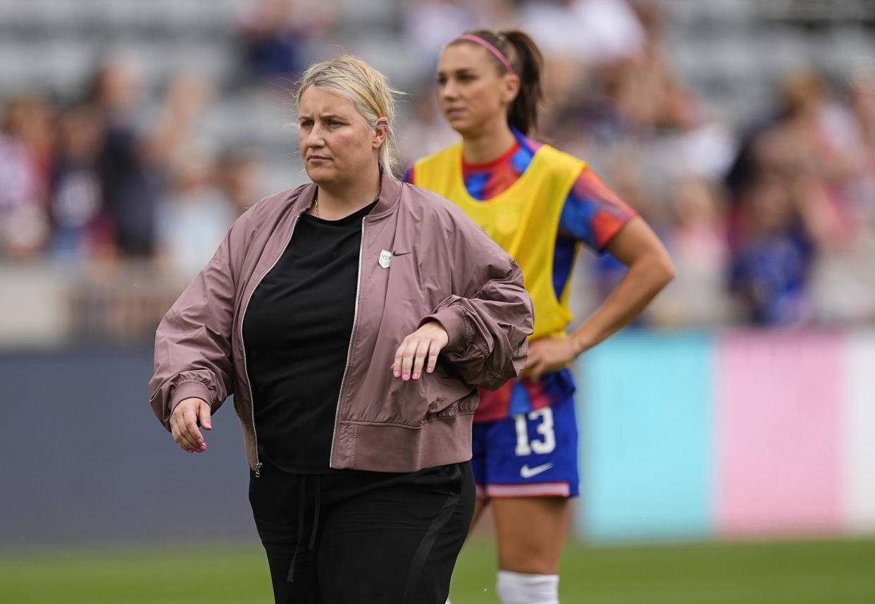 USWNT head coach Emma Hayes, left, will have some tough decisions to make with the 2024 Olympic roster, including whether or not to include veteran forward Alex Morgan (13). (AP Photo/David Zalubowski)