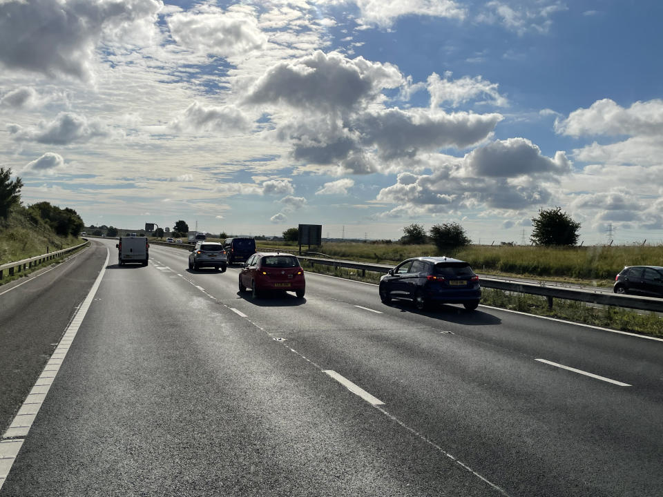 Vehicles on a near-empty M4 motorway, as seen from the cab of a vehicle taking part in a go-slow protest. Police have warned of 