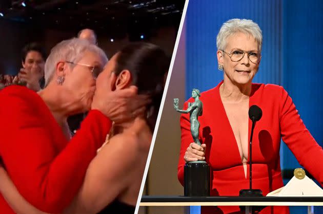 Jamie Lee Curtis Plants A Kiss On Michelle Yeoh And Addresses 'Nepo Baby'  Label After SAG Awards Win