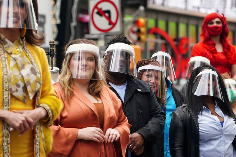 Performers take watch a pop up Broadway performance in anticipation of Broadway reopening in New York City