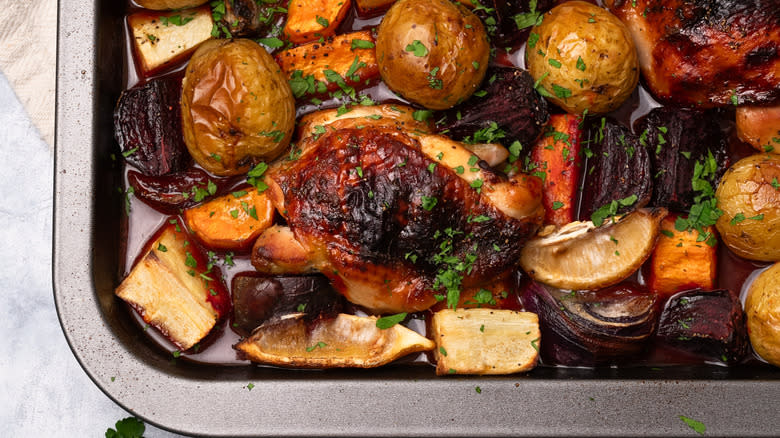 sheet pan roasted honey lemon chicken and vegetables