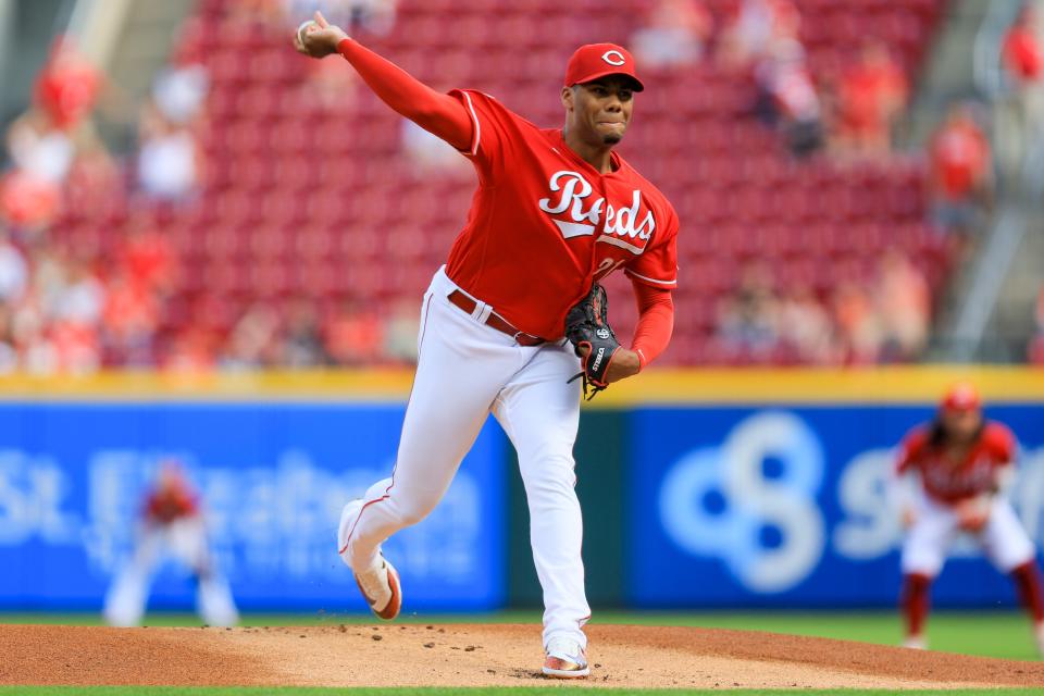 Cincinnati Reds' Hunter Greene throws during the first inning of a baseball game against the New York Mets in Cincinnati, Wednesday, May 10, 2023.