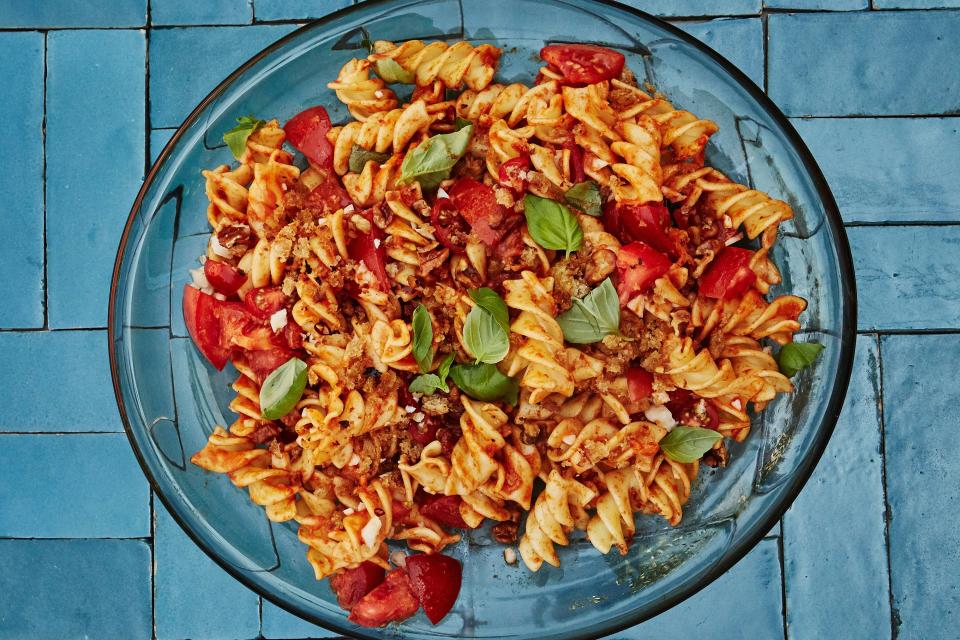<h1 class="title">Romesco Pasta Salad with Basil and Parmesan</h1><cite class="credit">Photo by Alex Lau, Prop Styling by Amy Wilson, Food Styling by Rebecca Jurkevich</cite>