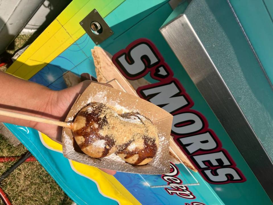 An image of fried S’Mores on a stick.