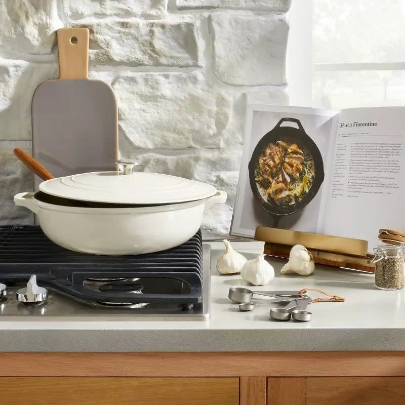 the cookbook stand in use in a kitchen