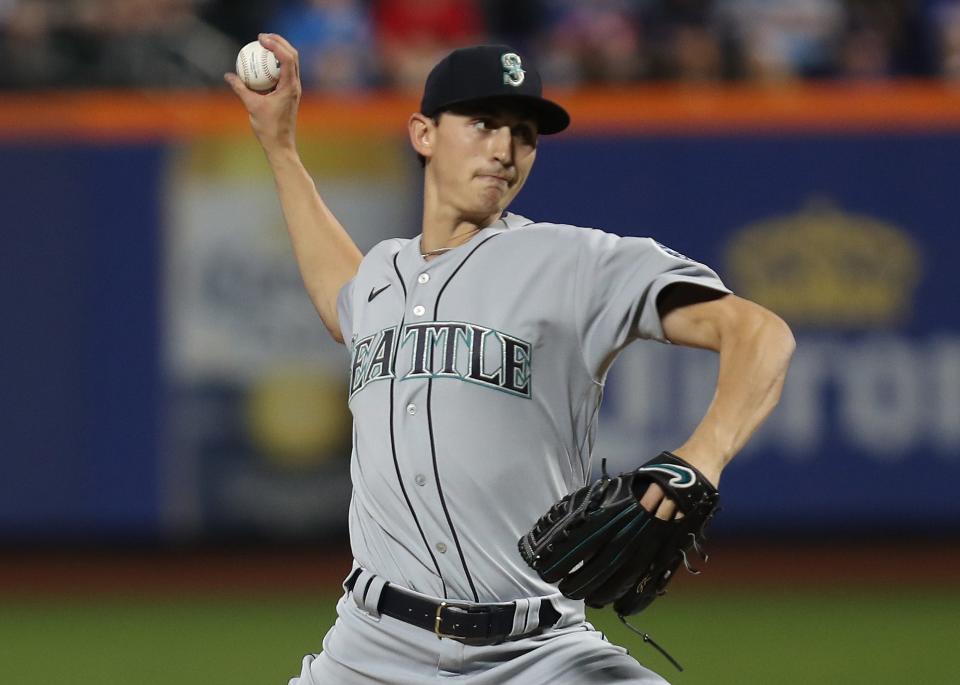 Rye's George Kirby pitching for the Seattle Mariners against the Mets at Citi Field May 14, 2022. 