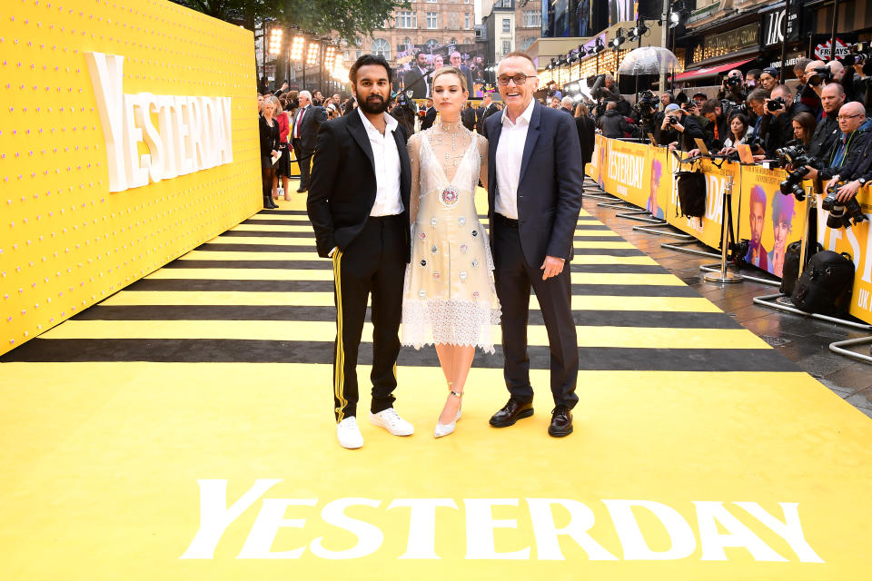 Himesh Patel (left), Lily James and Danny Boyle (right) attending the Yesterday UK Premiere held in London, UK. (Photo by Ian West/PA Images via Getty Images)