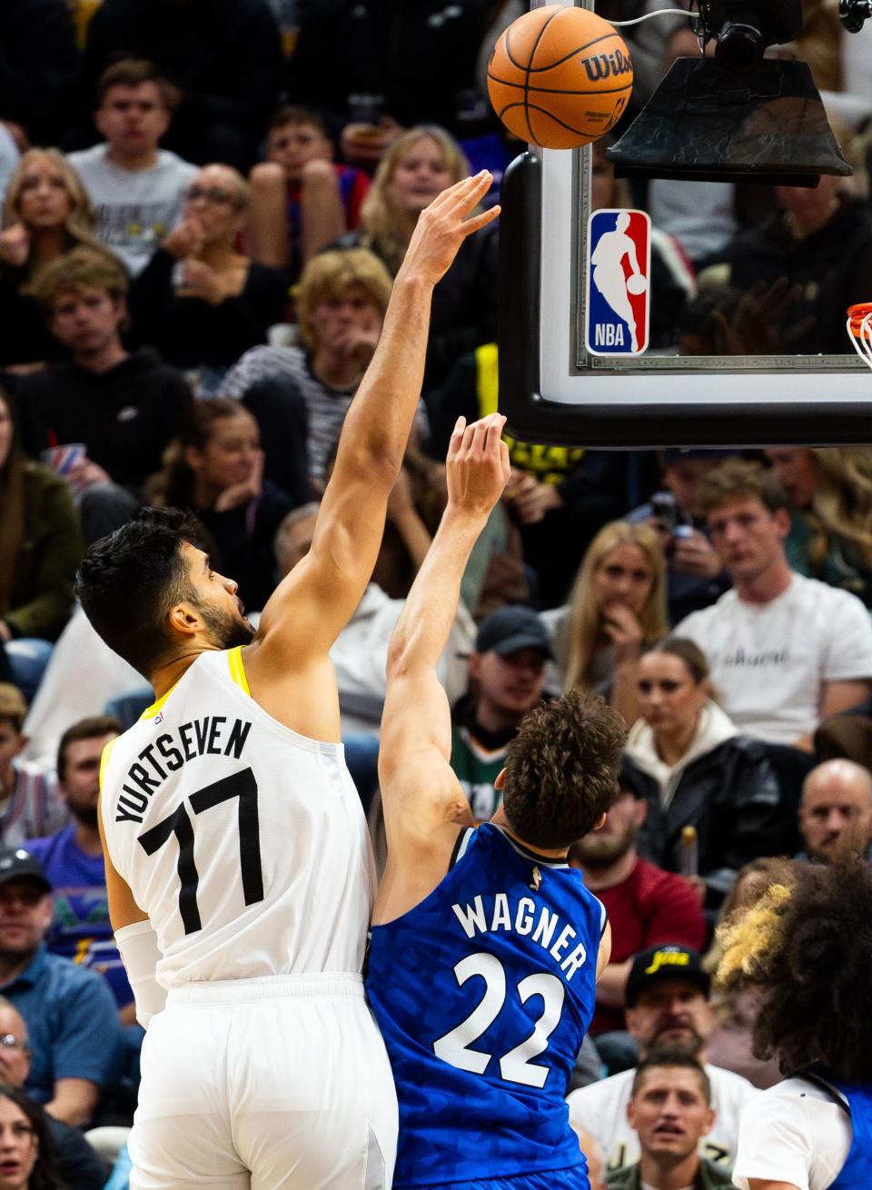 Utah Jazz center Omer Yurtseven (77) shoots the ball over Orlando Magic forward Franz Wagner (22) during an NBA basketball game between the Utah Jazz and Orlando Magic at the Delta Center in Salt Lake City on Thursday, Nov. 2, 2023. | Megan Nielsen, Deseret News