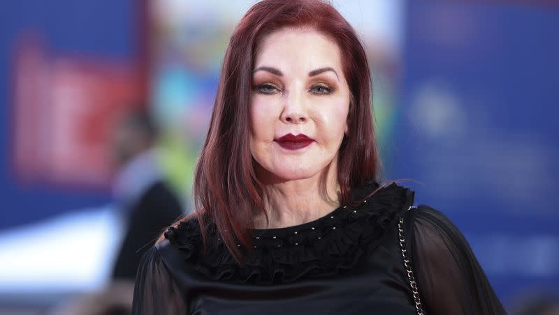 Priscilla Presley poses for photographers upon arrival for the premiere of the film ‘Priscilla’ during the 80th edition of the Venice Film Festival in Venice, Italy, on Monday, Sept. 4, 2023.