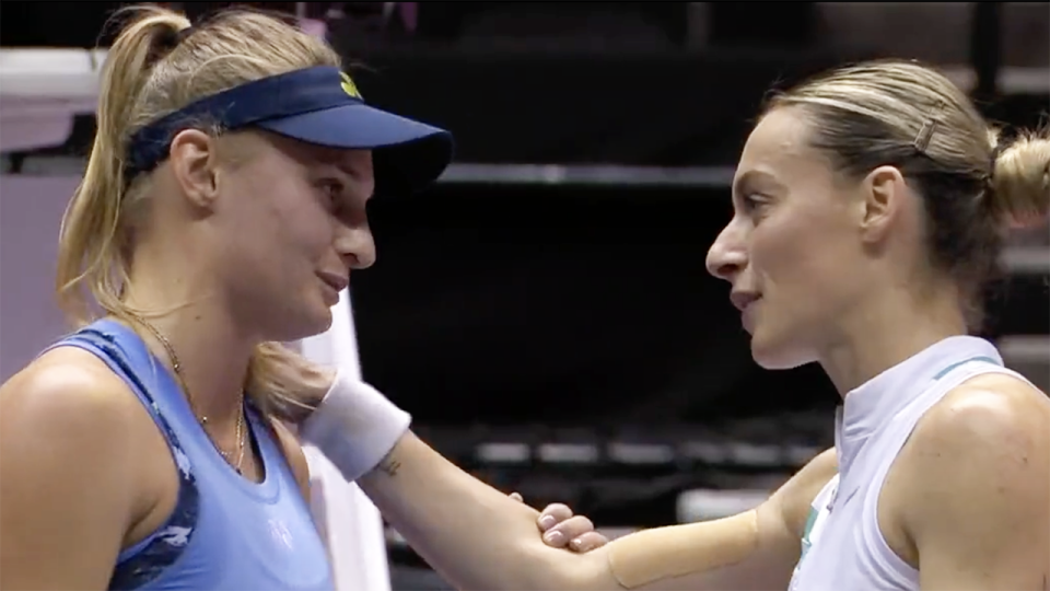 Ukraine's Dayana Yastremska and Russia Ana Bogdan embrace at the net, after the former's thrilling victory at the Lyon Open. Picture: WTA/Twitter