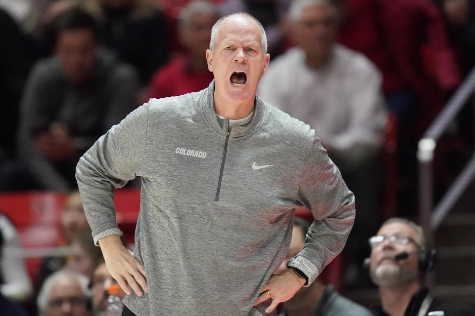 FILE - Colorado head coach Tad Boyle shouts to the team during the second half of an NCAA college basketball game against Utah on Saturday, March 5, 2022, in Salt Lake City. Boyle has amassed a 254-155 record at Colorado as he enters his 13th season. (AP Photo/Rick Bowmer, File)