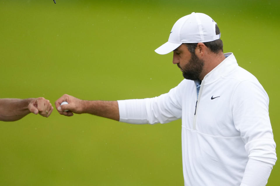 Scottie Scheffler celebrates after a birdie on the 12th hole during the second round of the PGA Championship golf tournament at the Valhalla Golf Club, Friday, May 17, 2024, in Louisville, Ky. (AP Photo/Matt York)