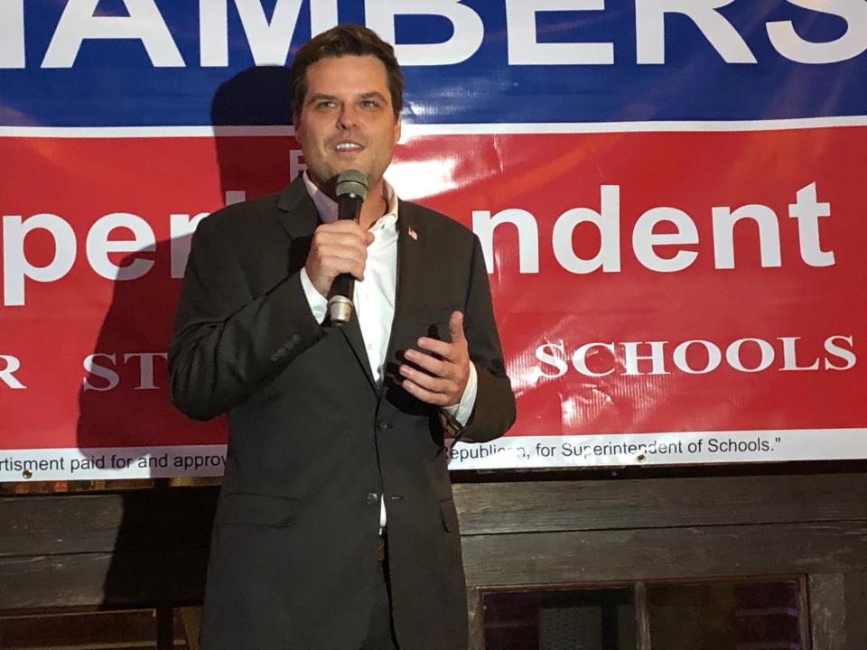 In this Oct. 8, 2019, photo, U.S. Rep Matt Gaetz attends an event in Niceville, Fla. Gaetz is an unabashed supporter of President Donald Trump, defending him on the impeachment inquiry, the investigation into Russia meddling in U.S. elections and other issues. (AP Photo/Brendan Farrignton)