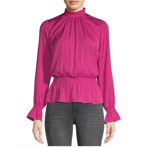 Scoop Hammered Satin Long Sleeve Peplum Top Women's. (Photo: Walmart)