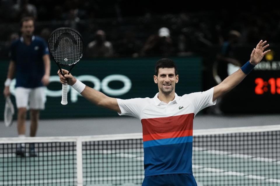 Serbia's Novak Djokovic celebrates defeating Russia's Daniil Medvedev during the final match of the Paris Masters tennis tournament at the Accor Arena in Paris, Sunday, Nov.7, 2021. Djokovic won 4-6, 6-3, 6-3. (AP Photo/Thibault Camus)