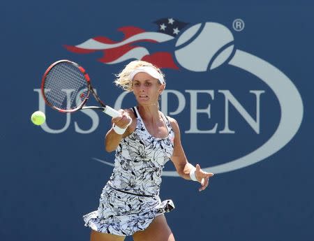 Sep 2, 2016; New York, NY, USA; Caroline Wozniacki of Denmark hits a shot to Monica Niculescu of Romania on day five of the 2016 U.S. Open tennis tournament at USTA Billie Jean King National Tennis Center. Mandatory Credit: Jerry Lai-USA TODAY Sports