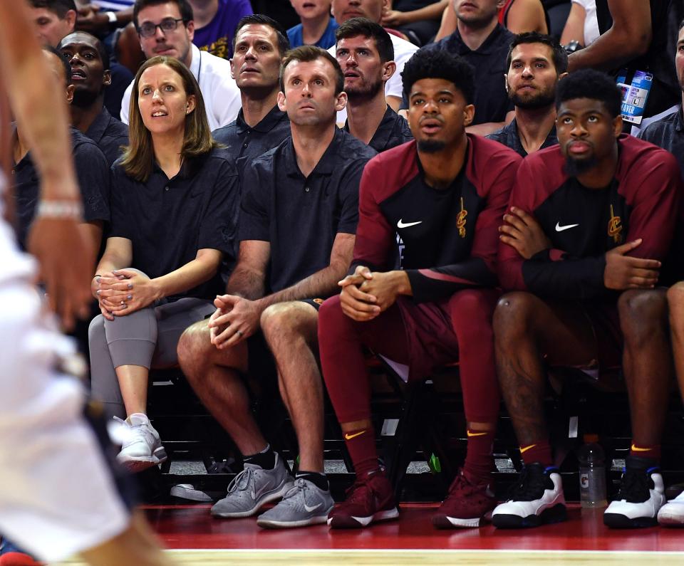 Cleveland Cavaliers assistant coach Lindsay Gottlieb (left) looks on from the bench during an NBA Summer League game against the New Orleans Pelicans on July 10, 2019, in Las Vegas.