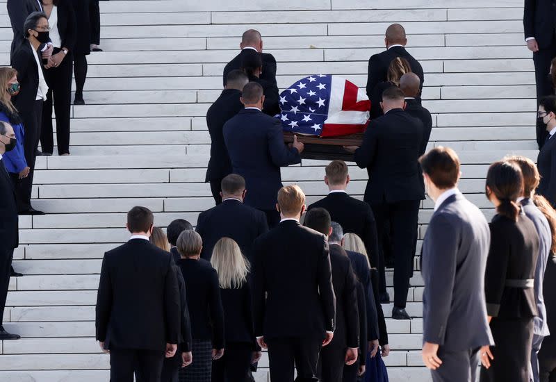 Casket of the late Supreme Court Justice Ruth Bader Ginsburg arrives at the U.S. Supreme Court in Washington