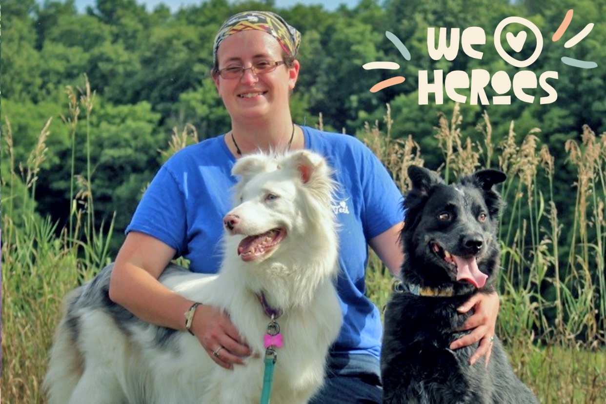 Jill Elston, winner of the 2021 American Humane Hero Veterinary Nurse Award, with her dogs