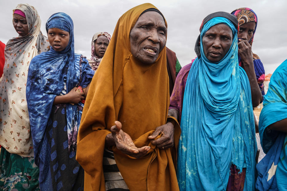 Khadijo holds out her hand, having just arrived by foot from the badly affected Bay region to a Doolow displacement site some 150 kilometers away. According to the latest International Organization of Migration figures, at least 60 families a day are arriving into the already overflowing displacement settlements. (Giles Clarke)
