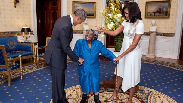 PHOTO: President Barack Obama and First Lady Michelle Obama greet Virginia McLaurin in the Blue Room of the White House prior to a reception celebrating African American History Month, Feb. 18, 2016. (Lawrence Jackson/The White House)