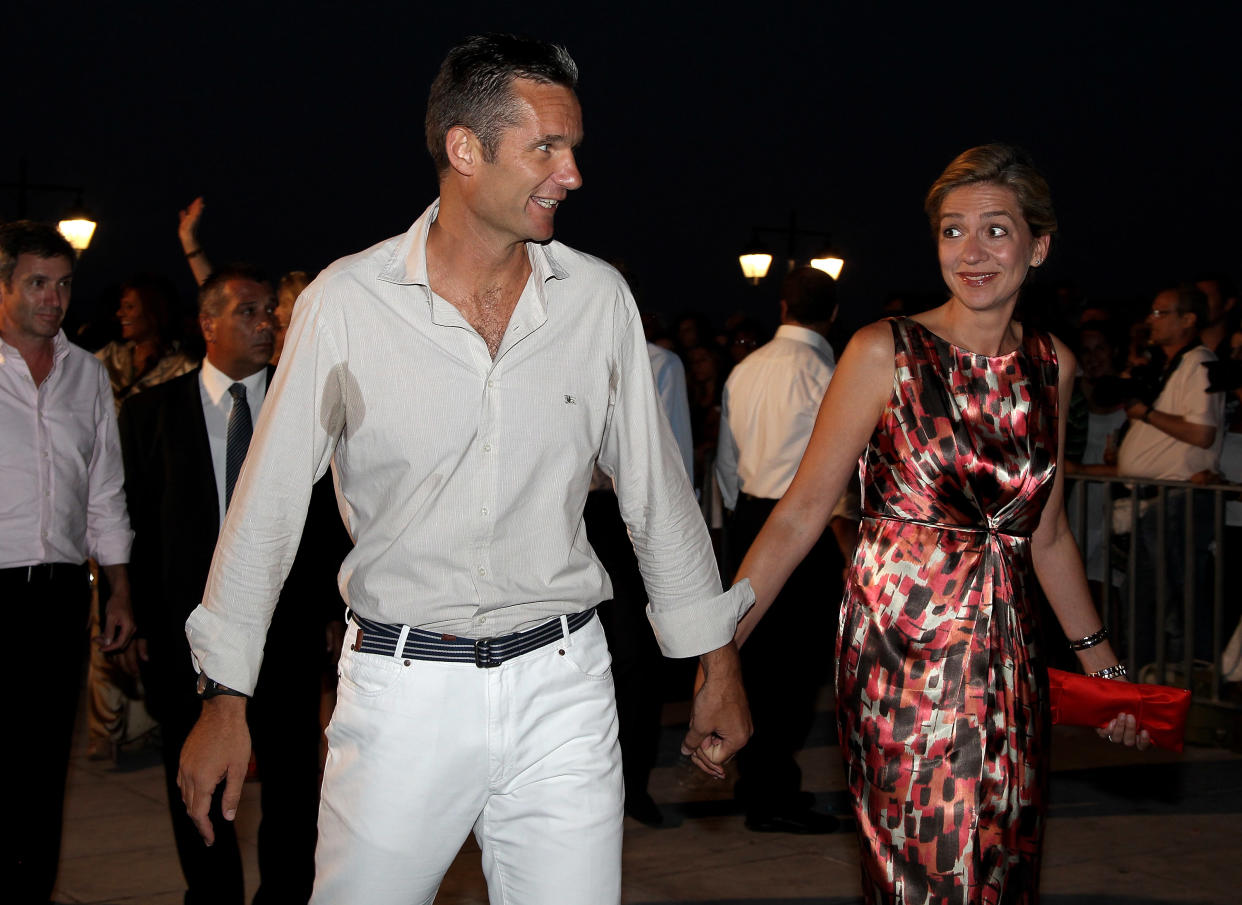 SPETSES, GREECE - AUGUST 24:  (L-R) Iñaki Urdangarin and Infanta Cristina attend a pre-wedding reception at the Poseidon Hotel on August 24, 2010 in Spetses, Greece.The small greek Island, three hours from Athens, is gearing up for the Royal Wedding of Prince Nikolaos of Greece and Tatiana Blatnik on Wednesday. Royals from all over Europe and the world are expected to attend the ceremony.Prince Nikolaos is the second son of King Constantine and Queen Anne-Marie while Tatiana is an events planner for Diane Von Furstenburg in London. Many of the VIP guests are expected to stay in the Poseidon Hotel in the town centre.  (Photo by Chris Jackson/Getty Images)