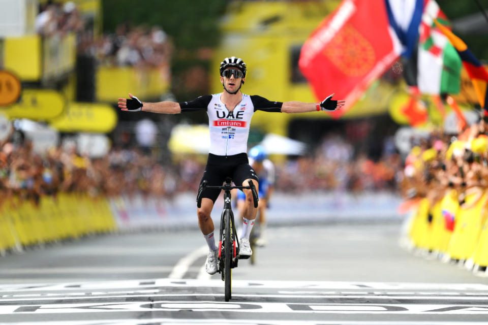 BILBAO SPAIN  JULY 01 Adam Yates of United Kingdom and UAE Team Emirates celebrates at finish line as stage winner during the stage one of the 110th Tour de France 2023 a 182km stage from Bilbao to Bilbao  UCIWT  on July 01 2023 in Bilbao Spain Photo by David RamosGetty Images