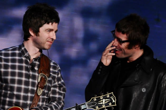 Noel and Liam Gallagher of Oasis during the Italian TV show 'Che tempo che fa' on Nov. 10, 2008 in Milan, Italy. - Credit: Morena Brengola/Getty Images