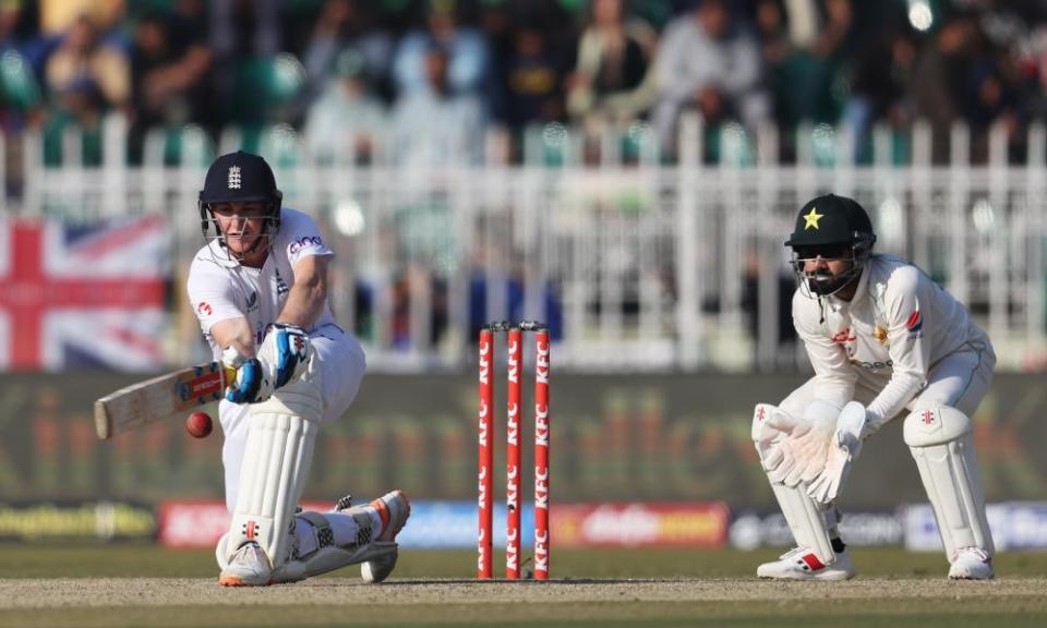 England’s Harry Brook sweeps for four on his way to a second-innings score of 87