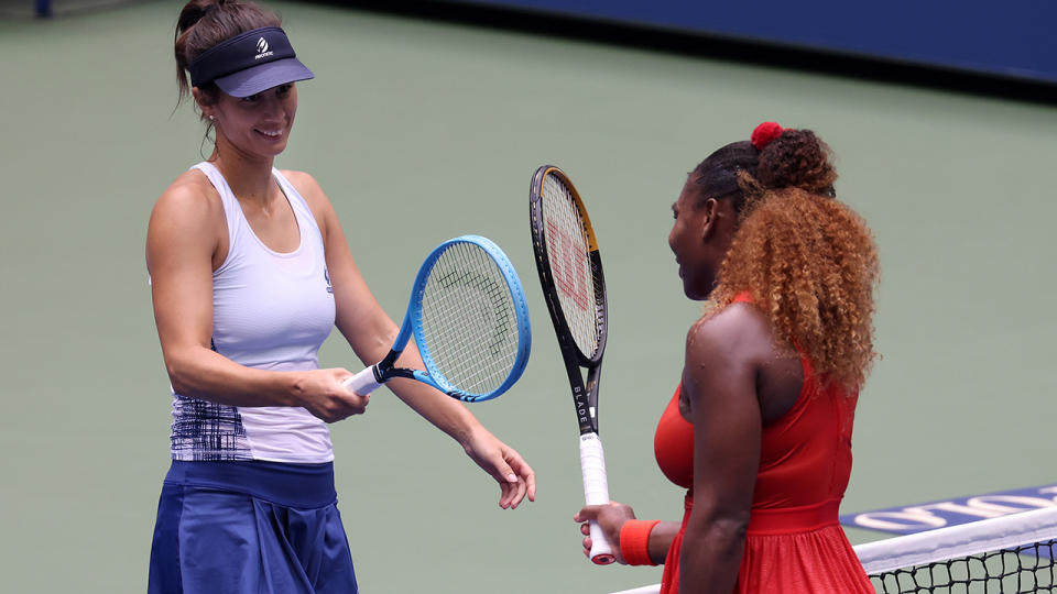 Serena Williams and Tsvetana Pironkova, pictured here after their quarter-final clash at the US Open.