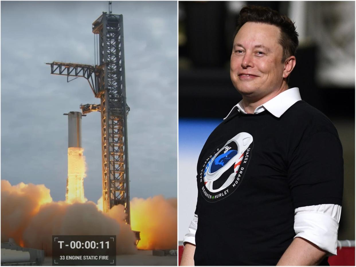 SpaceX fire up engines on Super Heavy booster, next to picture of Elon Musk.