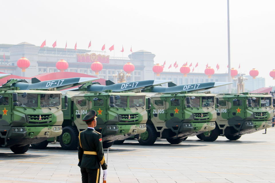 DF-17 Dongfeng medium-range ballistic missiles equipped with DF-ZF hypersonic glide vehicles are seen in a military parade to mark the 70th anniversary of the Chinese People's Republic, in Beijing, China, October 1, 2019. / Credit: Zoya Rusinova/TASS/Getty
