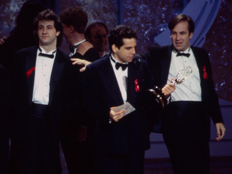 Bob Odenkirk with Judd Apatow (left) and Ben Stiller (center) at 1993 Emmys