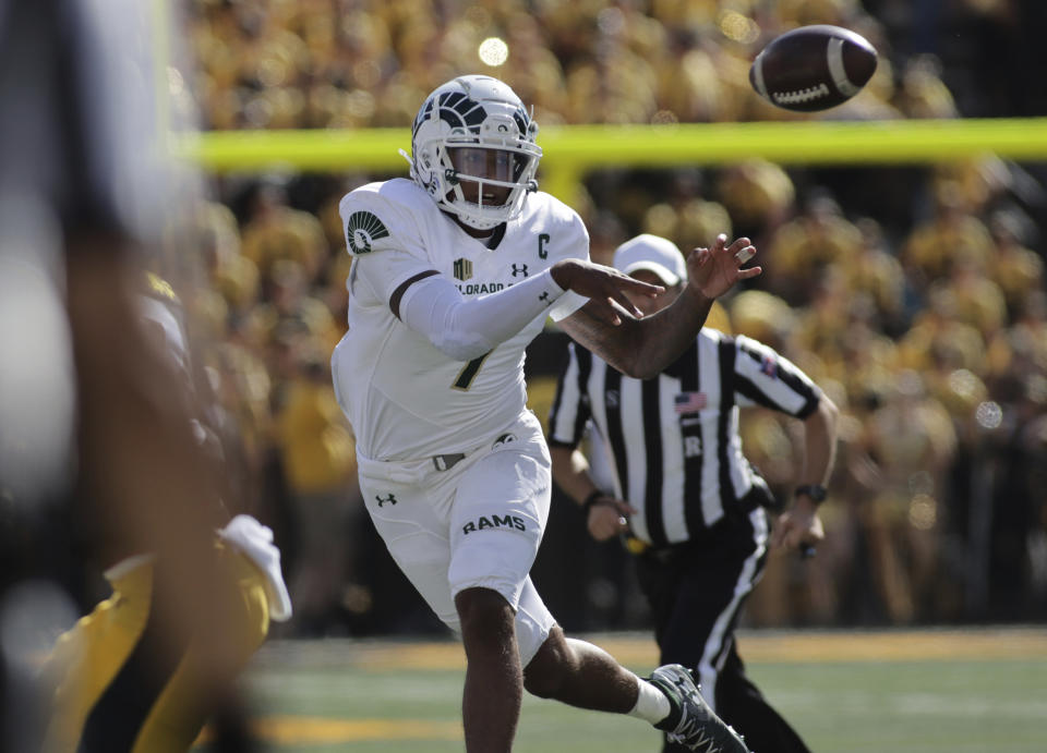 Colorado State quarterback Todd Centeio (7) passes the ball during the first half of an NCAA college football game against Iowa, Saturday, Sept. 25, 2021, in Iowa City, Iowa. (AP Photo/Ron Johnson)