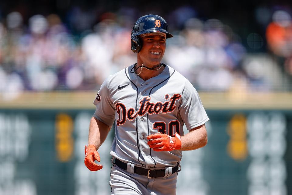 Detroit Tigers right fielder Kerry Carpenter (30) rounds the bases on a three run home run in the third inning against the Colorado Rockies at Coors Field in Denver on Sunday, July 2, 2023.