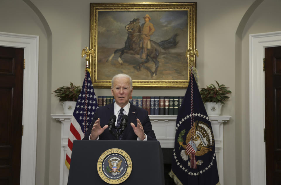 WASHINGTON, DC - FEBRUARY 18: U.S. President Joe Biden arrives to speak to update the situation of the Ukraine-Russia border crisis during an event in the Roosevelt Room of the White House on February 18, 2022 in Washington, DC. President Joe Biden gave an update after he held a phone call with Transatlantic leaders to continue diplomatic and deterrence efforts to deescalate the crisis that has been caused by a heavy deployment of Russian troops along the border between the two counties. (Photo by Alex Wong/Getty Images)