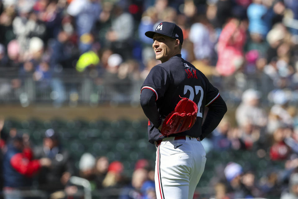 Minnesota Twins pitcher Griffin Jax (22) reacts after a 4-3 win over the Detroit Tigers in a baseball game Saturday, April 20, 2024, in Minneapolis.(AP Photo/Stacy Bengs)