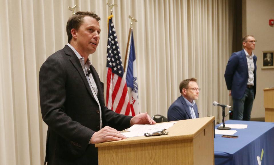 Iowa 4th district GOP candidate challenger Kevin Virgil speaks in a candidate forum at Western Iowa Tech Community College on Thursday, May 30, 2024, in Cherokee, Iowa.