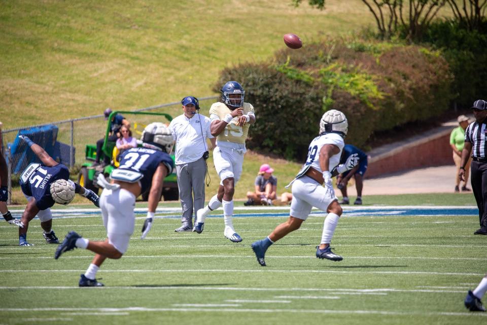 Georgia Southern quarterback Cam Ransom (19) passes during the Blue-White Spring Game on Saturday at Paulson Stadium in Statesboro.