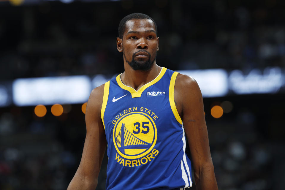 Golden State Warriors forward Kevin Durant (35) in the second half of an NBA basketball game Tuesday, Jan. 15, 2019, in Denver. The Warriors won 142-111. (AP Photo/David Zalubowski)