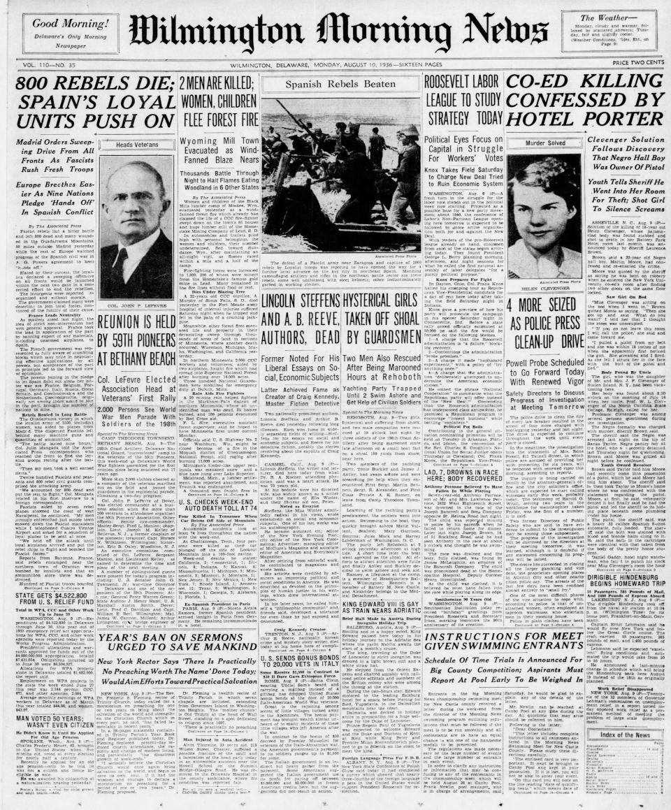 Front page of the Wilmington Morning News from Aug. 10, 1936.