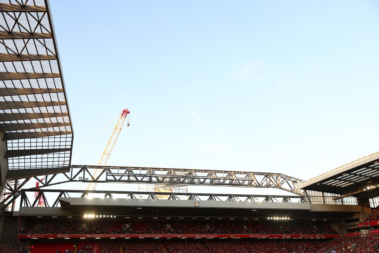 The roof structure of the Anfield Road End is seen during the Pre-Season Friendly match between Liverpool and RC Strasbourg at Anfield on July 31, 2022 in Liverpool, England.