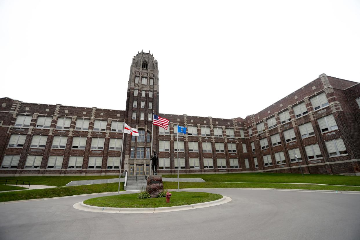 FILE - A file photo of the front entrance of Lincoln High School in Manitowoc.