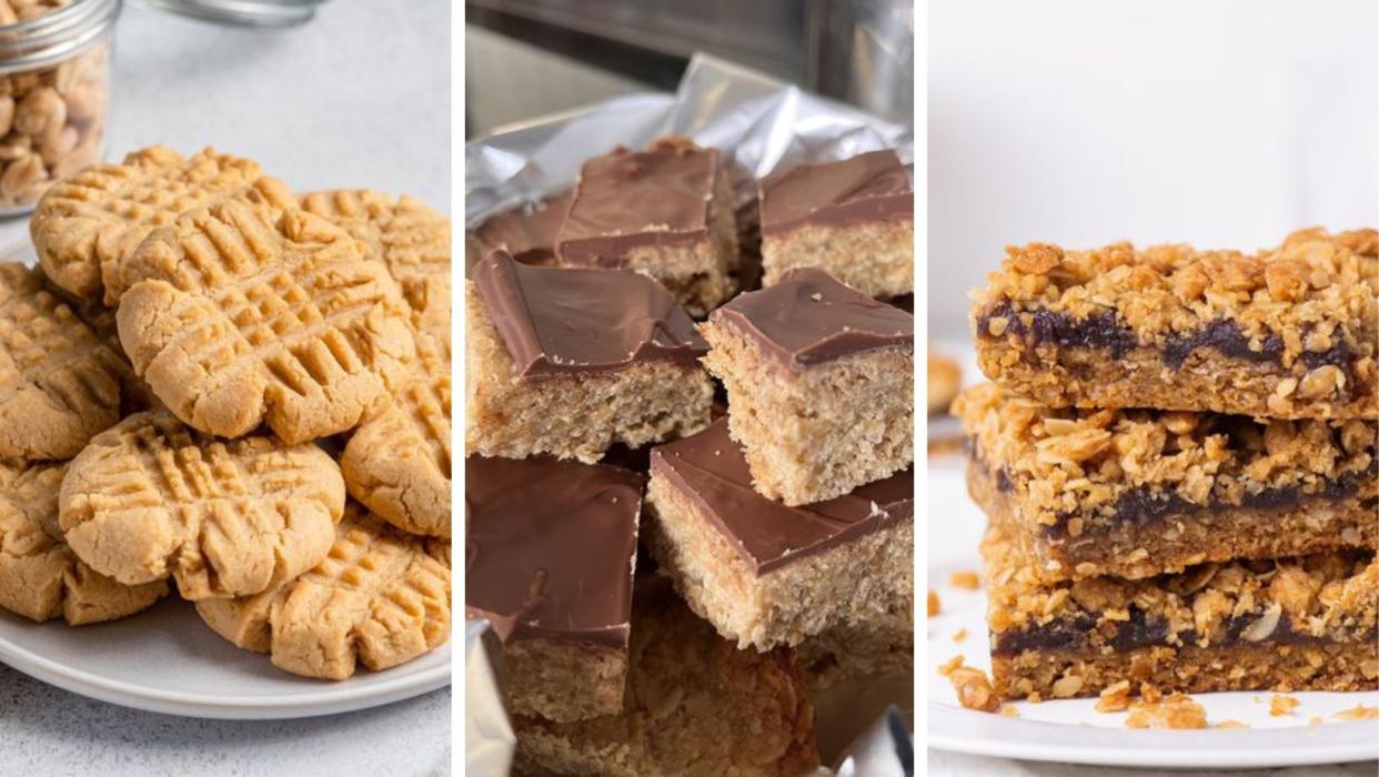 Vintage bake sale recipes, including peanut butter cookies, date bars, and scotcheroos